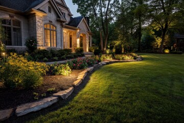 Illuminated House Exterior with Stone Pathway and Beautiful Landscaping at Dusk
