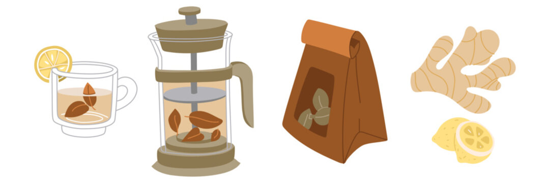 collection of tea ceremony themed items. It's time for tea party. Vector illustrations of tea set with teapot, mug, package of loose tea, lemon, ginger root on white. Items for a cozy tea party