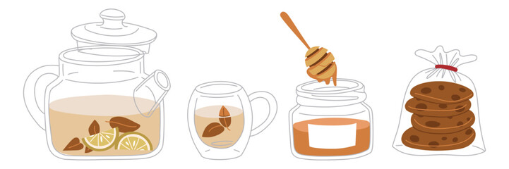 25,02,10,17set of items on the theme of the tea ceremony. It's time for tea party. Vector illustrations of tea set with teapot, mug, package of oatmeal cookies, honey on a white. Items for cozy tea pa