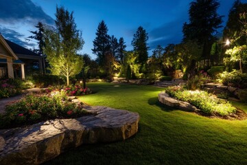 Well-lit Backyard Garden at Night with Stone Path and Flowers