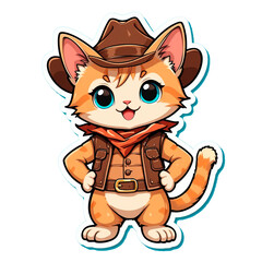 Children's sticker, kitten in a cowboy costume,on transparent background