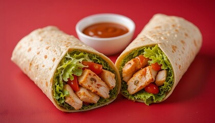 Spicy Chicken Wrap with Fresh Lettuce and Cherry Tomatoes on Red Background