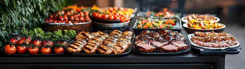 Festive holiday BBQ buffet with a variety of gourmet grilled meats, professional outdoor catering, and elegant dining setup