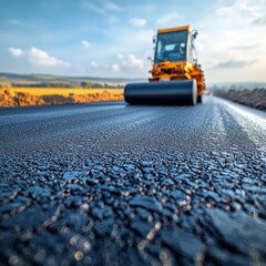 Road Roller Compacting Fresh Asphalt on a Construction Site with Clear Skies and Open Fields