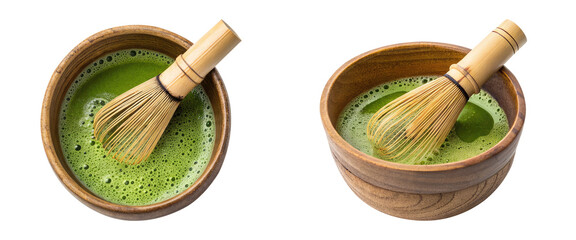 Matcha green tea making process in a wooden bowl with bamboo whisk on transparent background png Top view, Side view