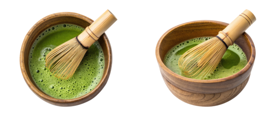 Matcha green tea making process in a wooden bowl with bamboo whisk on transparent background png Top view, Side view