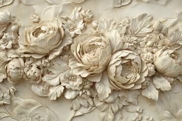 Ornate floral relief carving. Detailed, delicate carvings of roses and other flowers in a light beige tone