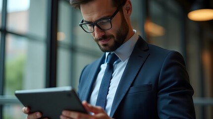 Confident Businessman Reading Financial Report in Modern Office with Technology Devices for Investment Strategy Insights