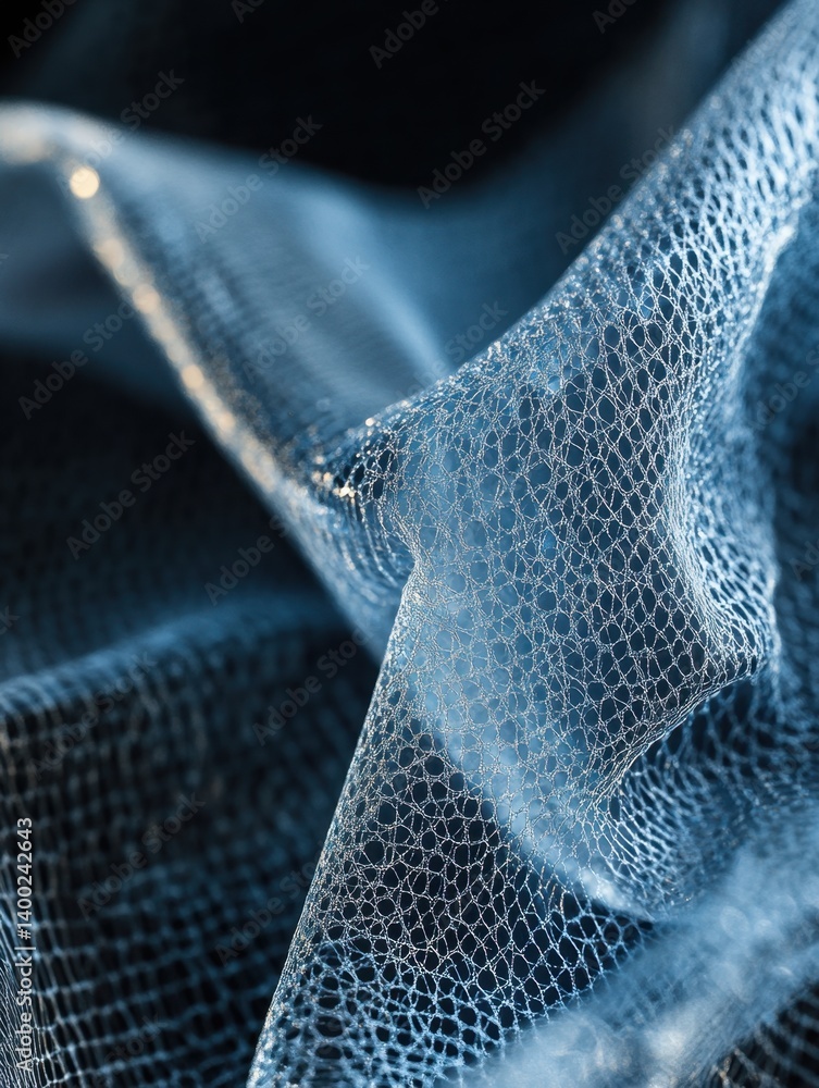 Poster abstract shimmering blue fabric with intricate net pattern creating a delicate and elegant texture c