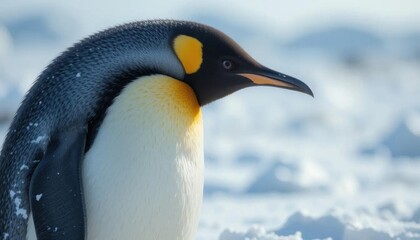 Fototapeta premium King Penguin Close-up: Icy Terrain, Sunlit Plumage Detail
