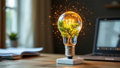 An engaging visual of a light bulb on a desk, where powerful energy surges from its base and sustains a small flourishing tree.