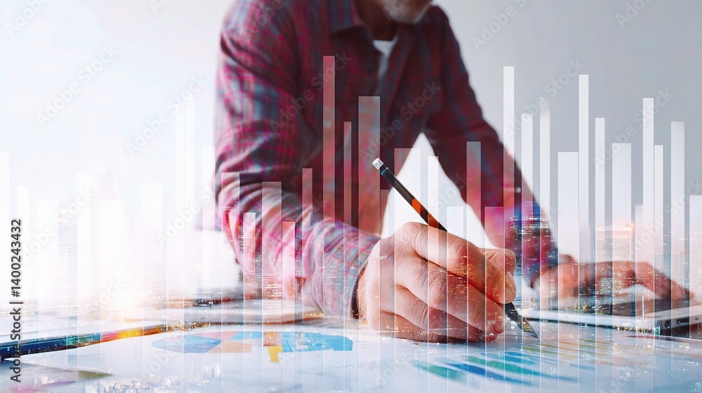 Poster man analyzing financial graphs with double exposure effect