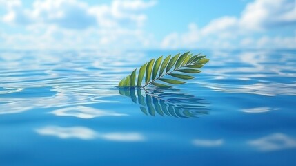 Obraz premium Serene Tranquility: A Palm Frond Floating on Calm Ocean Waters Under a Blue Sky