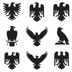 Heraldic eagles, falcons and hawks set Vector Black silhouettes. with white background