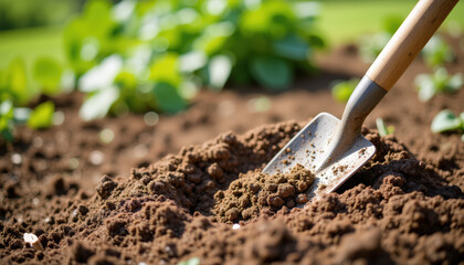 Peasant digging fertilizer into soil in a lush garden  