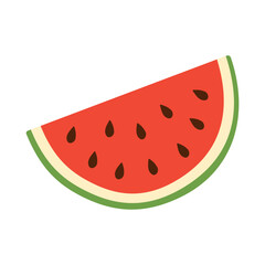 A watermelon slice with green and red stripes. The watermelon is cut in half and has a few black seeds