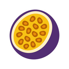 A purple and yellow fruit with a lot of seeds. It is a pomegranate. The fruit is cut in half and the seeds are visible