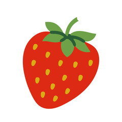 A cartoon strawberry with a green leaf on top. The strawberry is red and has a lot of small dots on it