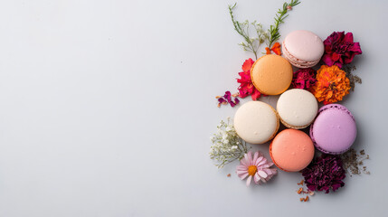 Colorful macarons arranged with vibrant flower petals create delightful scene