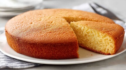 Naklejka premium Golden sponge cake on white plate with knife cut revealing fluffy texture and warm color palette on neutral wood surface in culinary focus