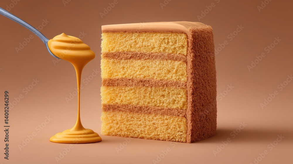 Poster multi layer honey sponge cake with visible syrup drizzle in close up presentation on beige backgroun