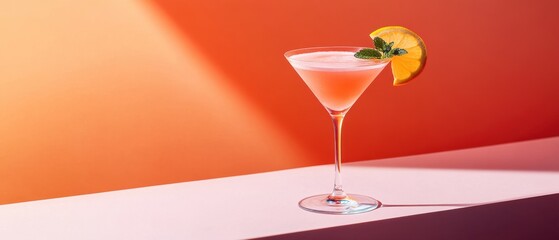 Elegant cosmopolitan cocktail in martini glass with lemon slice and mint on warm orange background creating a refreshing and inviting visual mood