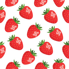 strawberry seamless pattern, Red strawberries with green leaves in flat style. Vector illustration isolated on white background