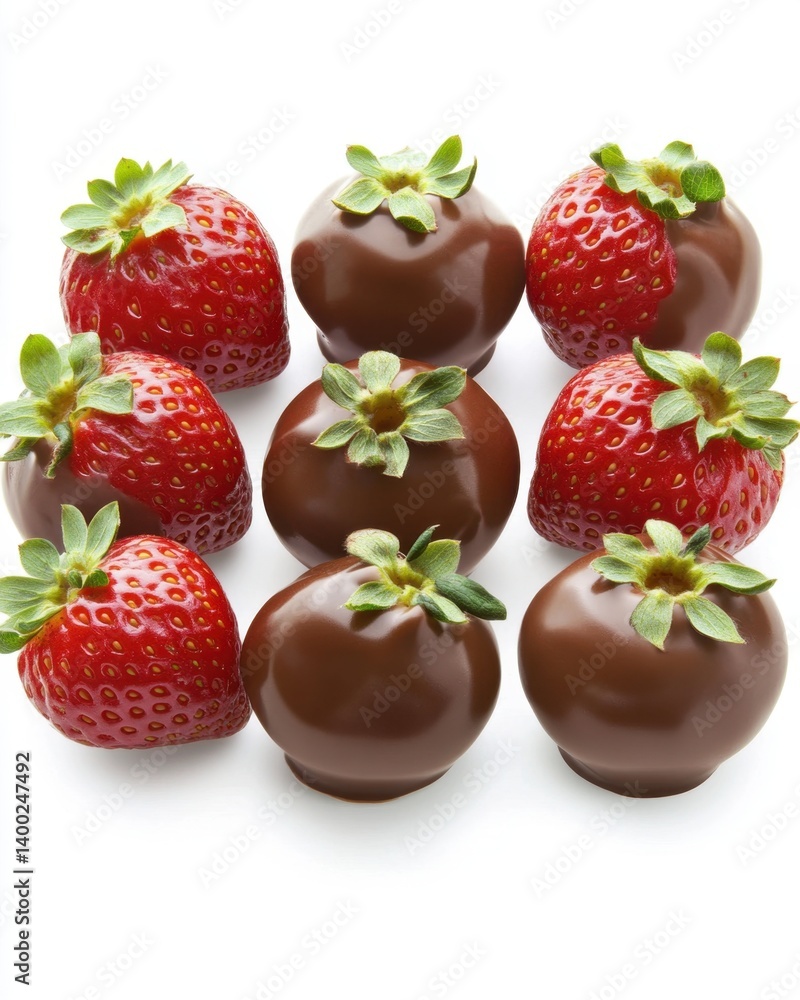 Poster decadent chocolate covered strawberries in a grid on a white background creating a sweet and delicio