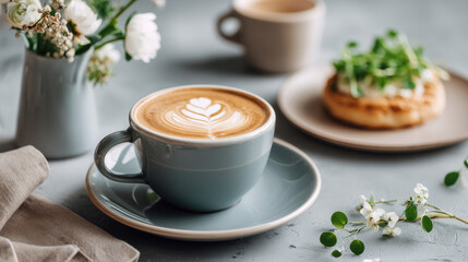 Latte art in cozy coffee shop setting with flowers and pastry