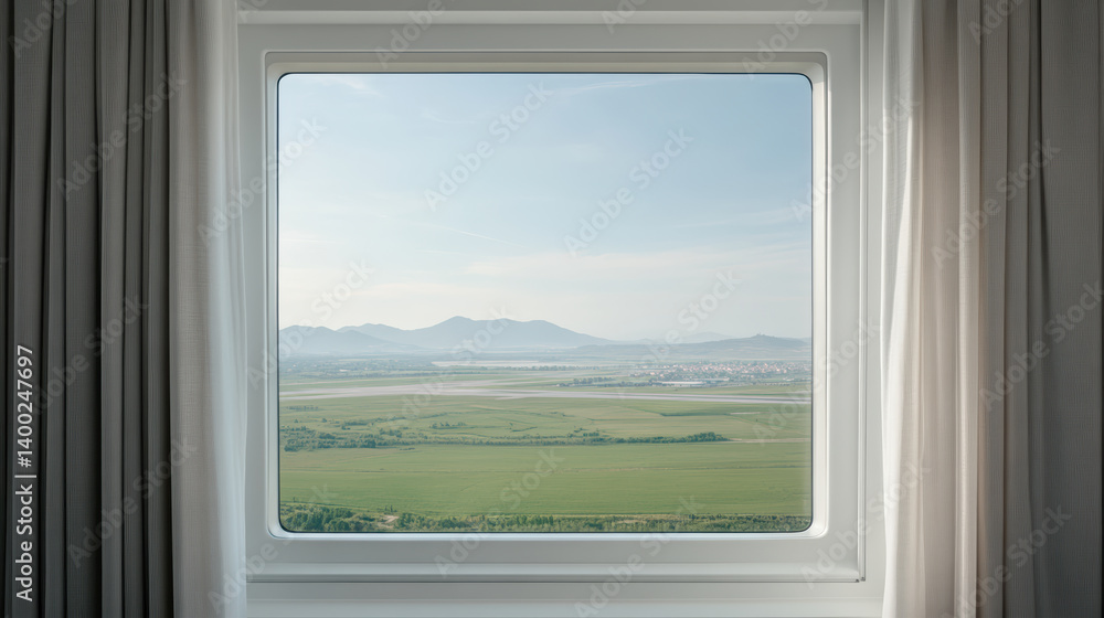 Poster serene view of mountains and fields through modern window, framed by soft curtains