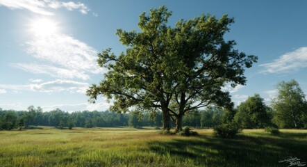 Obraz premium Large Oak Tree Standing Tall in a Grassy Field on a Sunny Day