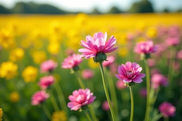 Obraz premium Close-up of rapeseed flowers with blurred field in background, spring, sunny, vibrant