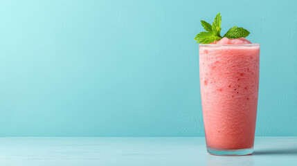 Refreshing watermelon slushie in tall glass garnished with mint leaves