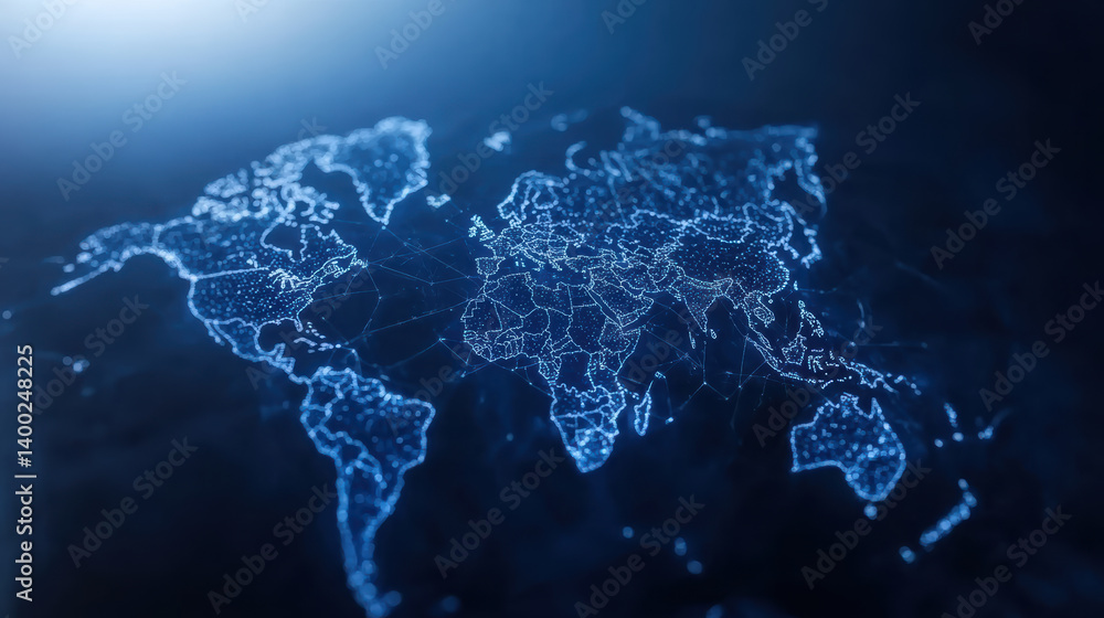 Poster digital map of world with glowing connections, representing global networks and technology
