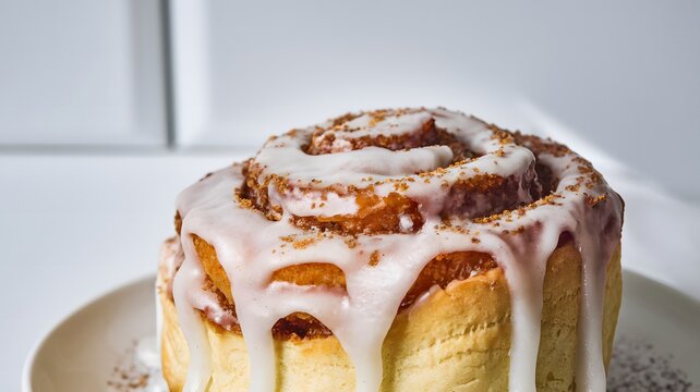 A close-up of a frosted cinnamon roll with icing dripping down, isolated against white &ndash; cinnamon roll wallpaper &ndash; bakery wallpaper &ndash; cinnamon roll image

