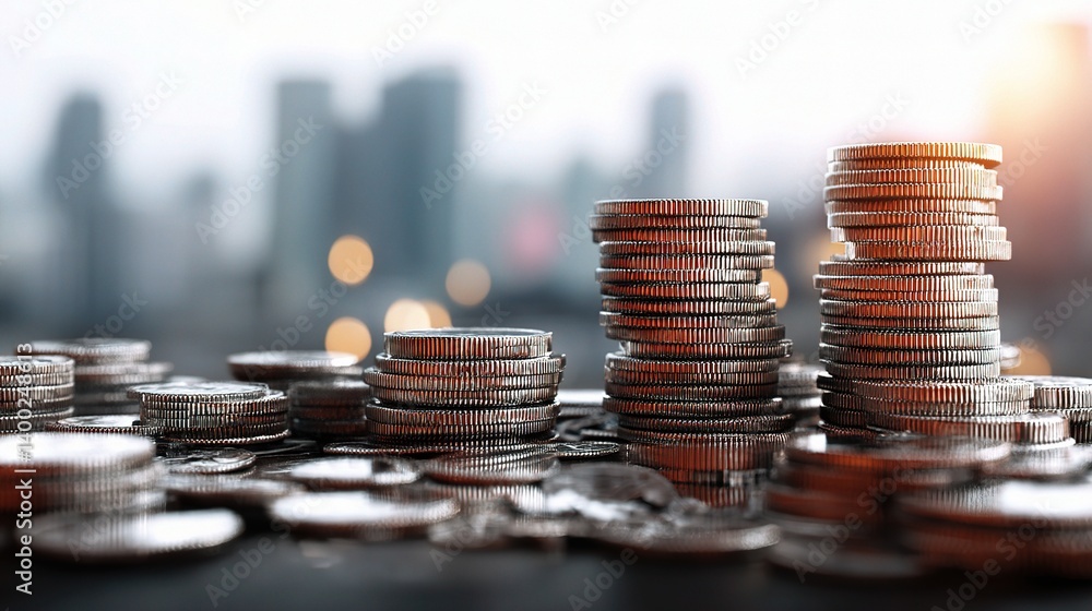 Poster stacks of coins on a table with financial background in soft focus