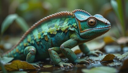Obraz premium Jewel-toned Chameleon on Forest Floor, Detailed Texture
