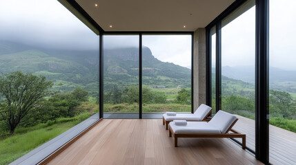 serene interior with large windows showcasing lush mountain landscape, inviting tranquility