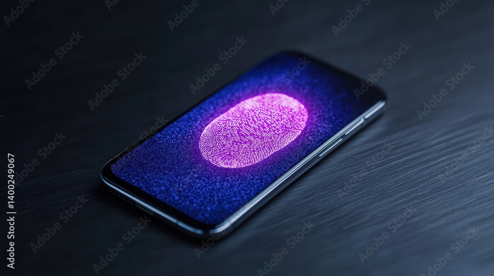 Poster smartphone displaying glowing biometric fingerprint scan its screen, symbolizing security