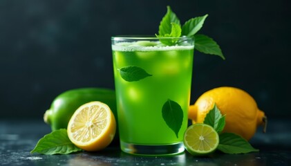 Fototapeta premium Close-up of refreshing green juice with sliced fruits and vegetables on a dark background, wellness, lifestyle, drink