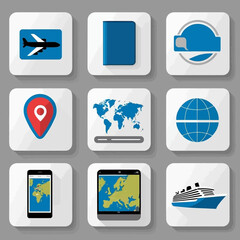 Travel Icon Set with Plane, Globe, Map, Cruise Ship
