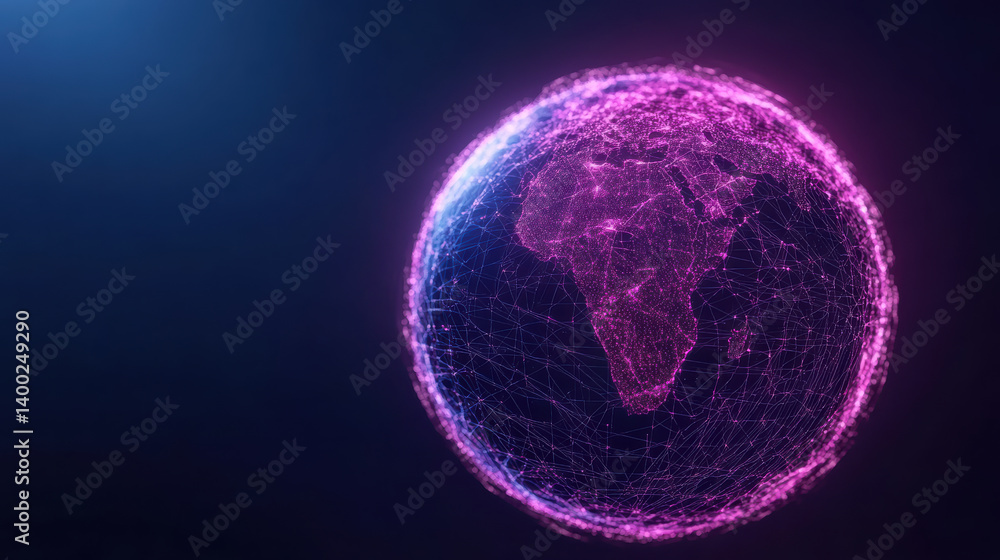 Poster glowing globe with network of connections representing global communication and technology