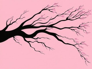 Obraz premium Abstract Cherry Blossom Branch Silhouette on Pink Background Serene Japanese Springtime Art
