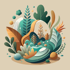 Serene Nature-Inspired 3D Vector Artwork with Organic Shapes and Botanical Illustrations