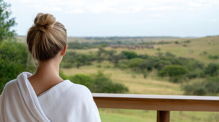 Fototapeta premium person in robe enjoys serene view of landscape with herd of zebras in distance