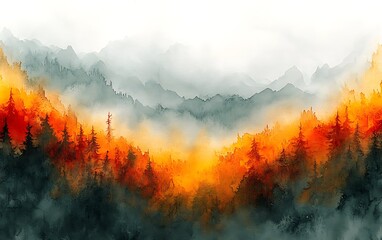 Fototapeta premium Abstract watercolor horizon with warm golden hues blending into soft mist, radiating light and warmth, symbolizing harmony and love, with blurred edges for a natural fade.