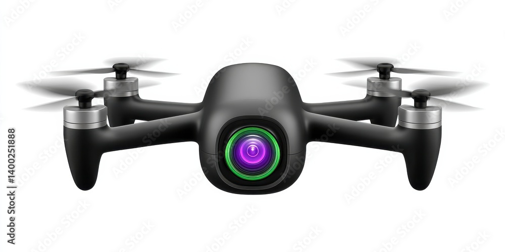 Poster compact black drone with purple lens facing forward isolated on white background with symmetrical ar