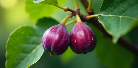 Close up of ripe purple fig fruit on tree branch with green leaves, close up, fresh, green leaves