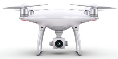 White high tech drone in midair hover mode shown with camera unit below and sharp symmetric propeller arms isolated against plain white background for industrial robotics theme