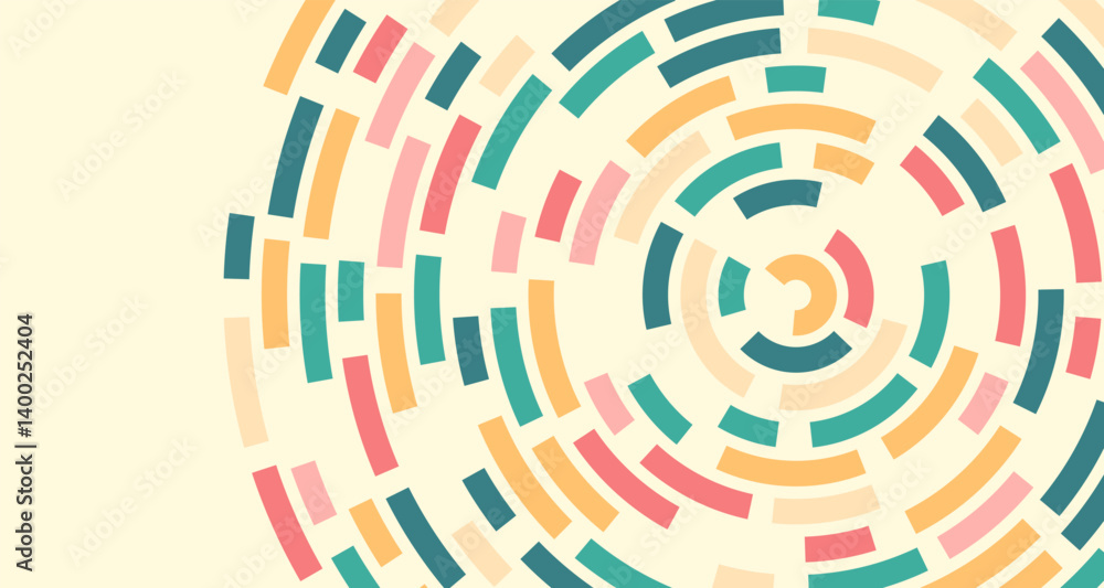 Poster a vibrant abstract pattern featuring circular shapes and lines in a mix of coral, teal, peach, and c